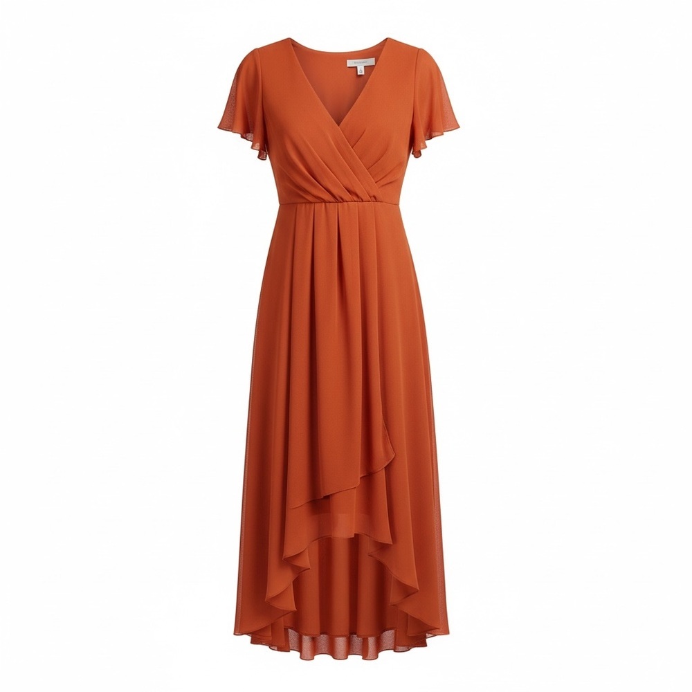 V Neck Asymmetrical Hem Ruffles Sleeve Pleated Chiffon
